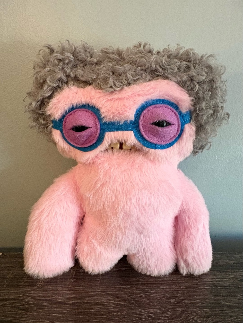 Plush Pink Monster Toy with Gray Hair and Blue Glasses - Kids Plush